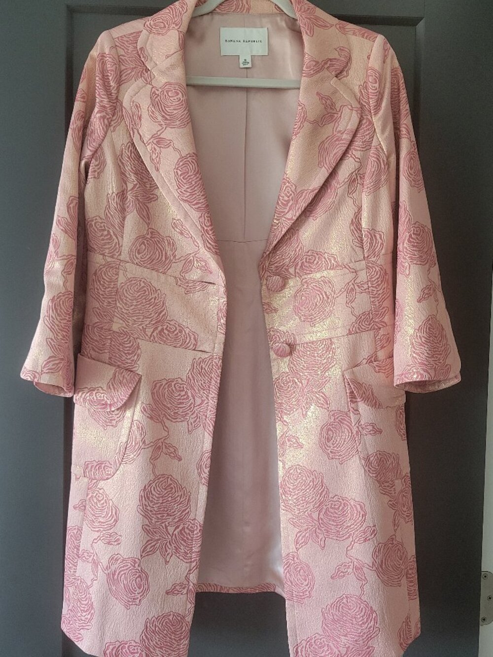 Y2K Banana Republic Silk Blend Pink Rose Brocade Metallic Dress Coat